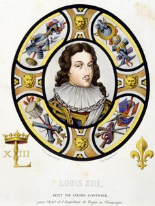 Portrett av Ludvig XIII, konge av Frankrike (1601-1643). Faksimile av et glassmaleri fra middelalderen i «Histoire de la peinture sur verre»» av Ferdinand de Lasteyrie av French School