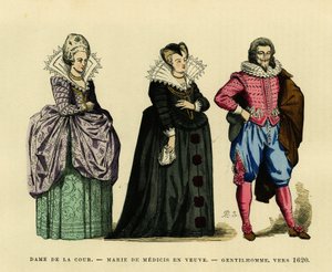Portrett av Marie de Medicis (1573-1642), dronning av Frankrike, i enkens vane, omgitt av en hoffdame og en herremann, ca. 1620. Fargegravering, i «France et les francais a travers les siecles»» av Augustin Challamel, F.Roy-redaktør, Paris 18 av French School