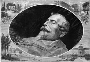 Portrett av Napoleon III (1808-1873), på dødsleiet. Gravering i "" Le Monde Illustré"" nr. 824 av 25. januar av French School