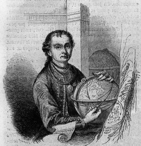 Portrett av Pierre (Peter) Anich (1723-1766), tyrolsk astronom og kartograf, med en globus og et kompas. Gravering i "" Le Magasin pittoreske"" av French School