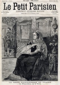 Portrait of Queen Victoria of England (1819-1901), travelling through France in her Wagon Salon. Frontpage of french newspaper Le petit Parisien. March 21 av French School