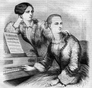 Porträt der Cruvelli-Schwestern, deutsche Tänzerinnen. Sophie Cruvelli (Johanna Sofia Charlotte Cruwell, genannt) (1826-1907) und Marie Cruvelli (Friederike Marie Cruwell, genannt) (1824-1868). Gravur von 1852 von French School