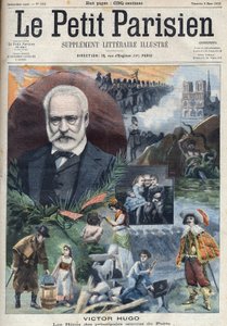 Portrett av den franske forfatteren Victor Hugo (1802-1885) med illustrasjoner av hans hovedverk. Gravering i "Le petit Parisien" av French School