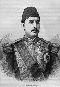 Portrett av Khedive Tawfig (1819-92), fra LEgypte av Georg Moritz Ebers (1837-98), 1881 (bw gravering) av French School