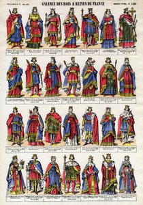 Portrett av kongene og dronningen av Frankrike fra Capetian-dynastiet (Capetian-dynastiet) fra Lothaire (941-986) til Ludvig X Hutinen (1289-1316). Epinal avbildning fra slutten av 1800-tallet. Privat samling. av French School