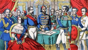 Portrett av Europas suverene under fredsavtalen i 1856: fra venstre til høyre, Victor Emmanuel II (Victor Emmanuel) (Vittorio Emanuele), konge av Sardinia, Victoria, dronning av England, Napoleon III, tyrkisk keiser, Alexander II, konge av Russland, F av French School