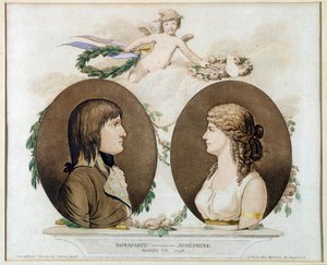 Portretter av Napoleon Bonaparte (1769-1821) og Josephine de Beauharnais (1763-1814) giftet seg i 1796”” Anonym akvarell rundt 1800. Søn 0,21x0,23 m Malmaison, musee du chateau av French School