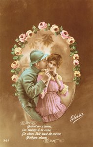Postkort som viser en fransk soldat og hans elsker, 1914-18 (farget bilde) av French School