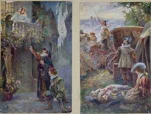 Postkort som viser Cyrano de Bergerac med Roxanne og Christians død, ca. 1900 av French School