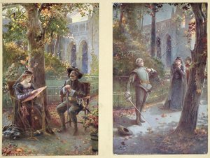 Postkort som viser Cyrano de Bergerac med Roxanne, ca. 1900 av French School