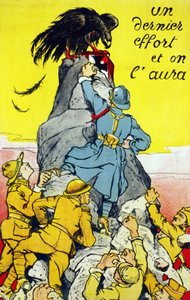 Plakat """ En siste innsats, og vi vil ha det""": allierte (Frankrike, USA, Russland, etc...) når toppen av en stein som ligger ved den tyske ørnen. Lithograhie 1917. av French School