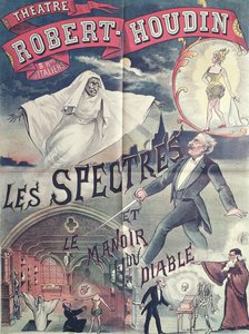 Plakat som reklamerer for spøkelser og djevelens hus på Theatre Robert-Houdin, Paris, ca. 1870