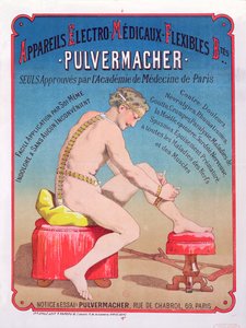 Plakat som reklamerer for en elektromedisinsk kroppsmassasje- og stimuleringsmaskin Pulvermacher, 1884