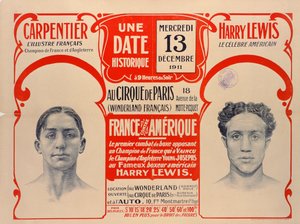 Plakat som reklamerer for boksekampen mellom Carpentier og Harry Lewis, 1911