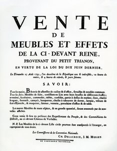 Plakat som annonserer salg av Marie-Antoinettes møbler og effekter 25. august av French School