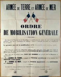 Plakat som kunngjør generell mobilisering i Frankrike, 2. august 1914 av Ministere de la Guerre et de la Marine av French School