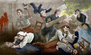 Plakat som kunngjør utgivelsen av #39;L#39;Auberge Sanglante de Peirebeille#39; av Jules Beaujoint, ca. 1910 (trykk) av French School