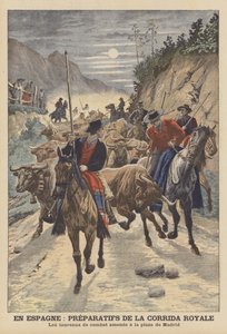Forberedelser til tyrefektingen for å feire bryllupet til kong Alfonso XIII av Spania (farge litho) av French School