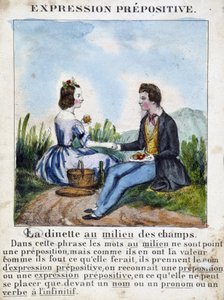 Prepositivt uttrykk (Dinetten i midten av feltene) - grammatikkbok i bilder, ca 1850 av French School