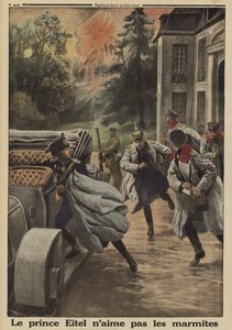 Prins Eitel Friedrich av Preussen, andre sønn av keiser Wilhelm II av Tyskland, flykter i panikk da hovedkvarteret hans på Chateau de Temple-la Fosse blir utsatt for fransk artilleribombardement under slaget ved Somme, første verdenskrig av French School