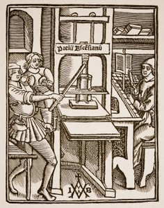 Trykkeri, tittelside til Hegesippus, trykt av Jodocus Badius Ascensius, Paris, 1511 (sepia-foto) av French School