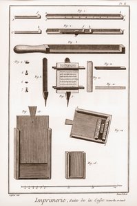 Trykking: fortsettelse av saken, redskaper og verktøy - "" The Grande Encyclopedie, ou Dictionnaire Raisonne des Sciences, des Arts et des Metiers" (Encyclopedia or Dictionary of the Sciences, Arts and Professions) av Denis Diderot (1713-1784) og Jean d