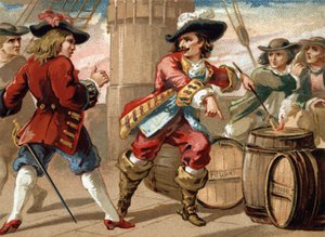 Kaper Jean Bart (1650-1702) truet en engelsk kaper som tok ham til fange ved å true ham til å sprenge skipet hans ved å sette fyr på en tønne med krutt. Kromolitografi på slutten av 1800-tallet av French School