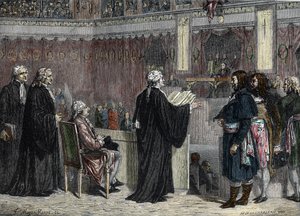 Proces de Louis XVI: opptreden av Louis XVI før deputatene til den nasjonale konvensjonen (fargegravering) av French School