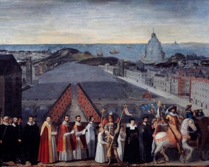 Prosesjon av den parisiske syltetøyet av pelerinene til Saint Michel du Mont sur le Pont Neuf Anonymt maleri. 17. århundre. Dim 0,80 x 1,05 m Paris, Musee Carnavalet av French School