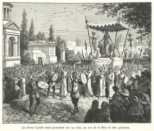 Prosesjon av vognen til den romerske gudinnen Cybele, innledet av pipere og cymbalspillere (gravering) av French School