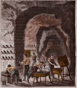 Produksjon av champagne - Fabrication du Champagne - Gravering i "Vitenskaper gjort tilgjengelig for alle - fysikk og kjemi"" av Alexis Clerc - Slutten av 1800-tallet - Privat samling av French School