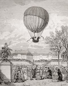 Professor Jacques Charles og Nicolas-Louis Robert flyr verdens første bemannede hydrogenballong 1. desember 1783 i Tuilleries Gardens, Paris, fra 