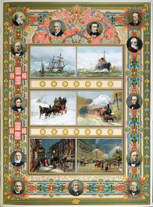 Fremgang under dronning Victorias regjeringstid (1819-1901). Seilskip, dampskip, damptog og gass og elektrisk gatebelysning, 1887 av French School