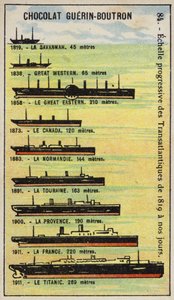 Progressiv økning i størrelsen på transatlantiske skip fra 1819 til 1911 (chromolitho) av French School