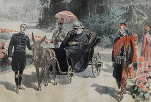Promenade de Victoria I (1837-1901) Dronning av England, i parken til Hotel Cimiez nær Nice. Gravering i "" Le Pelerin"" 26/03/1899. av French School