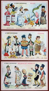 Salgsfremmende og pedagogiske kort for barn som viser matspesialiteter fra Lorraine-regionen, ca. 1910 av French School