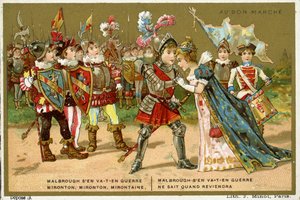 Kampanjekort for det parisiske varehuset Au Bon Marché, som viser en av de mest populære folke- og barnesangene på det franske språket, Marlbrough sen va-t-en guerre (Marlborough har forlatt av French School