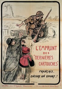 Propagandaplakat under første verdenskrig: "" låner de siste patronene, fransk fortsatt et forsøk"", 20. århundre. Coll. La oss gå. av French School