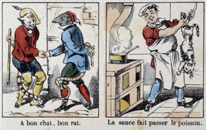 Ordspråk i bilder av Epinal: "" En god katt, god rotte"" og "" Sausen passerer fisken"" - bilde av Epinal, n.d. av French School