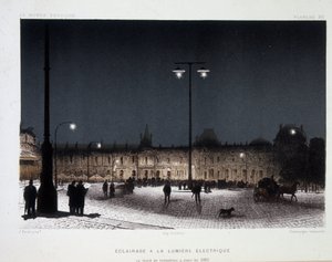 Offentlig belysning med elektrisk lys på place du carrousel i Paris 1883 - i "" Magnetism and Electricite"" av Amedee Guillemin av French School
