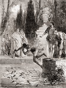 Publius Vedius Pollio, romersk rytter, mater en slave til sine lamprey-ål, fra Les Merveilles de la Science, utgitt ca. 1870 av French School