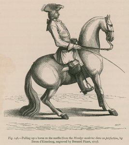Å trekke opp en hest på Snaffle (fra Manege moderne dans sa perfection, av Baron dEisenberg, gravert av Bernard Picart, 1727) av French School