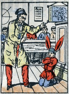 Punishment at school: Pupil punished, with a donkey cap for talking to his comrades. Epinal imaging from the end of the 19th century. av French School