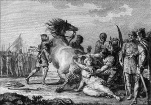 Straff av Brunehaut, 613: Brunehaut eller Brunehilde (543-613), dronning av Austrasia, festes til halen til en ukuelig hest før den blir dratt til bakken. Gravering fra 1700-tallet. av French School