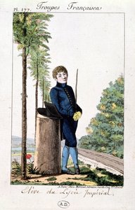 Elev av Lycee Imperial i Paris lent mot et tre, plate 177 fra Troupes Francaises, ca. 1805-10 av French School