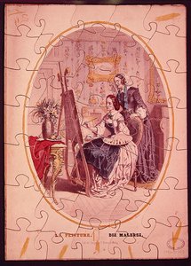 Puslespillbrikker som viser en kvinne som maler ved et staffeli, ca. 1840-50 (farge litho) av French School