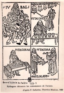 Pythagoras (ca. 580-500 f.Kr.) oppdager konsonansene til oktaven, fra Theorica Musicae av Franchino Gaffurio, først utgitt i 1480, fra Revue de lHistoire du Theatre, 1959 (bw phot av French School