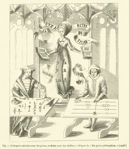 Pythagoras regner med tokens, og Boece med tall (gravering) av French School