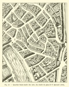 Saint-Andre des Arts-distriktet, faksimile av F Quesnels plan, 1608 av French School