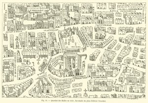 Les Halles-distriktet i 1550, faksimile av Olivier Truschets plan av French School
